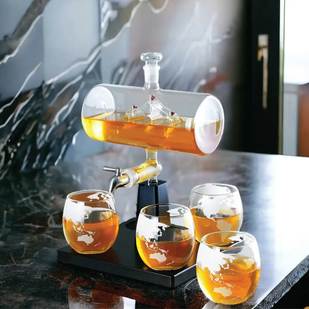 1L Whiskey or Wine Sailboat Glass Decanter Set - 4x Globe Glasses + Wooden Stand - Home & Garden > Decor > Vases &