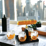 1L Whiskey or Wine Sailboat Glass Decanter Set - 4x Globe Glasses + Wooden Stand - Home & Garden > Decor > Vases &