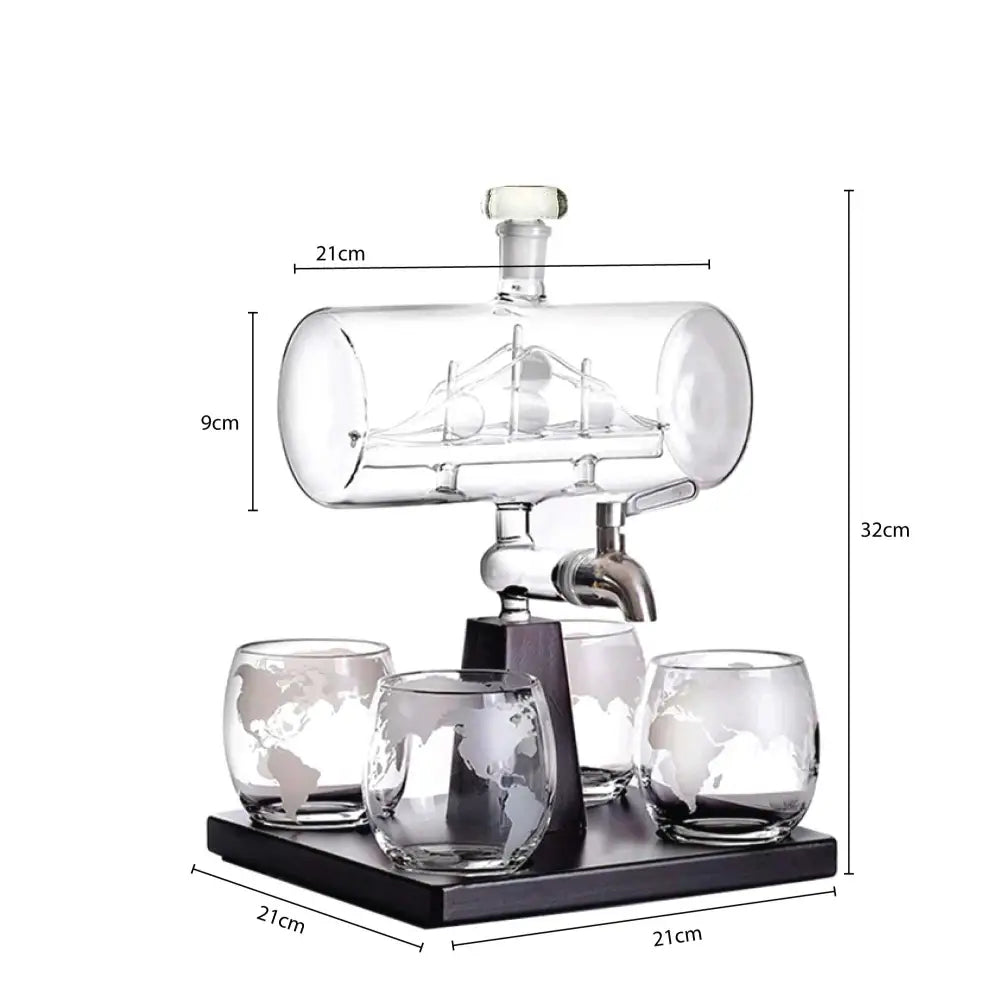 1L Whiskey or Wine Sailboat Glass Decanter Set - 4x Globe Glasses + Wooden Stand - Home & Garden > Decor > Vases &