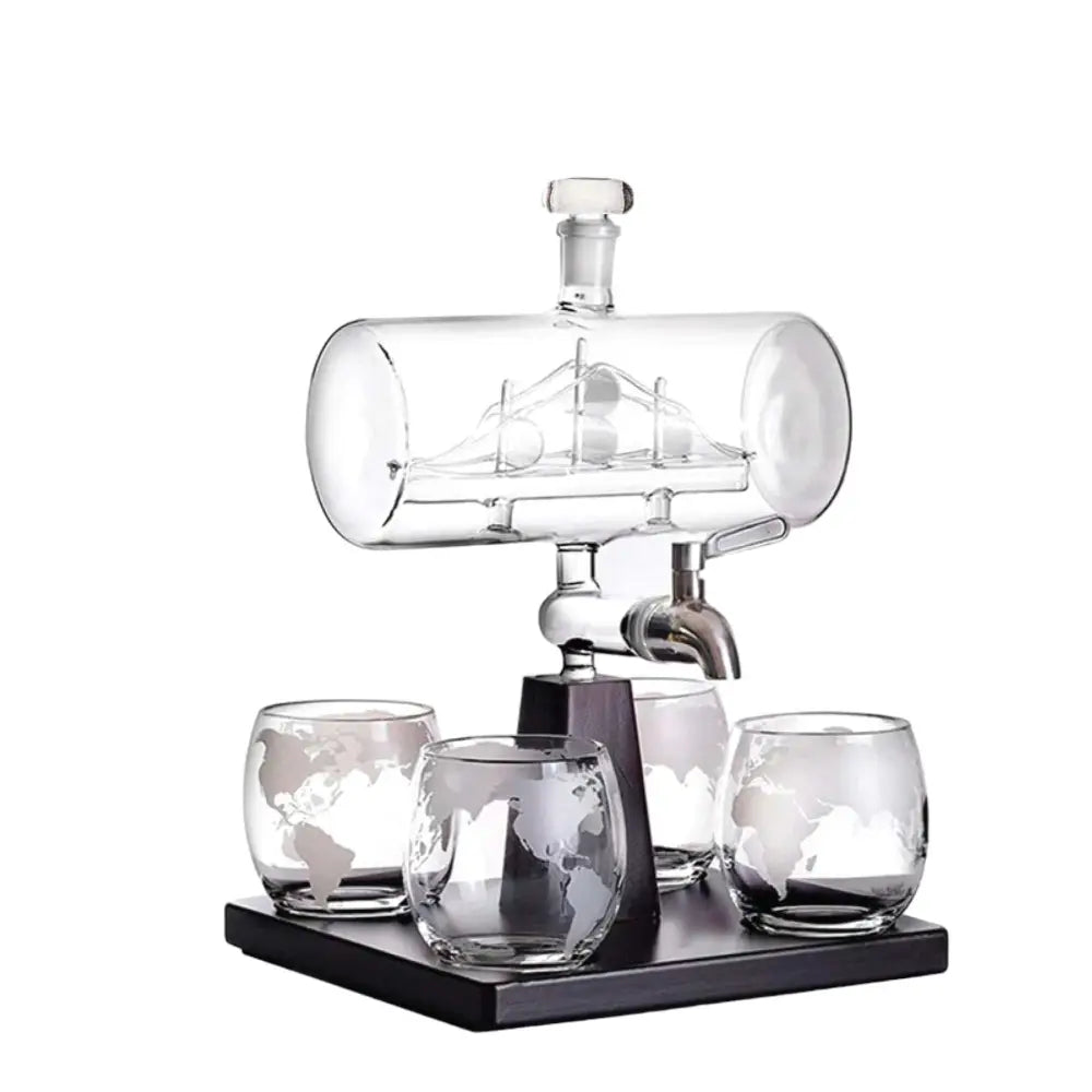 1L Whiskey or Wine Sailboat Glass Decanter Set - 4x Globe Glasses + Wooden Stand - Home & Garden > Decor > Vases &