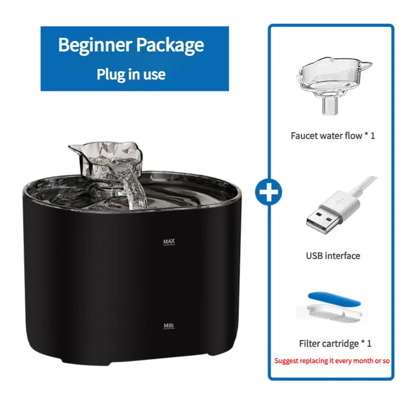 2.2L Beginner Package Pet Water Fountain with Faucet Flow and USB Interface – Black Design - Pet Care > Cat Supplies