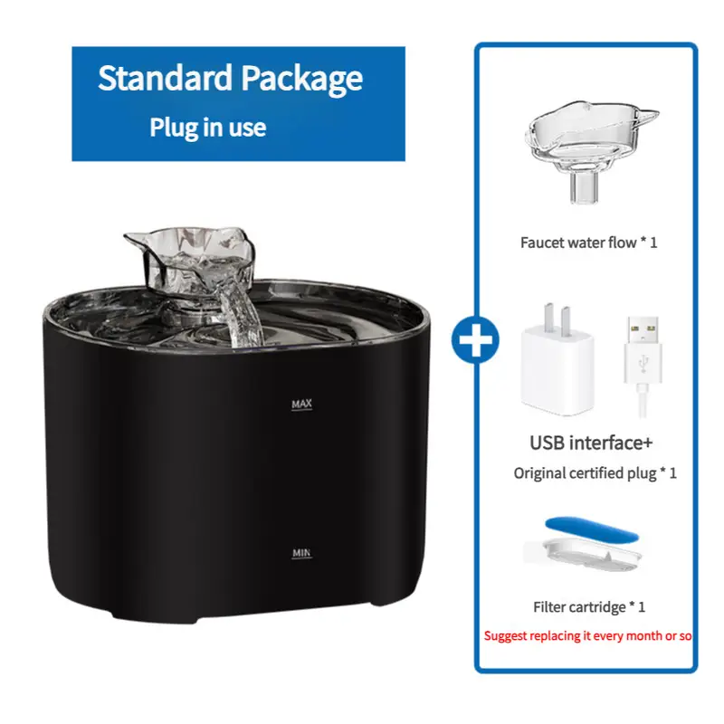 2.2L Standard Package Pet Water Fountain with Faucet Flow and USB Plug – Black Design - Pet Care > Cat Supplies > Cat