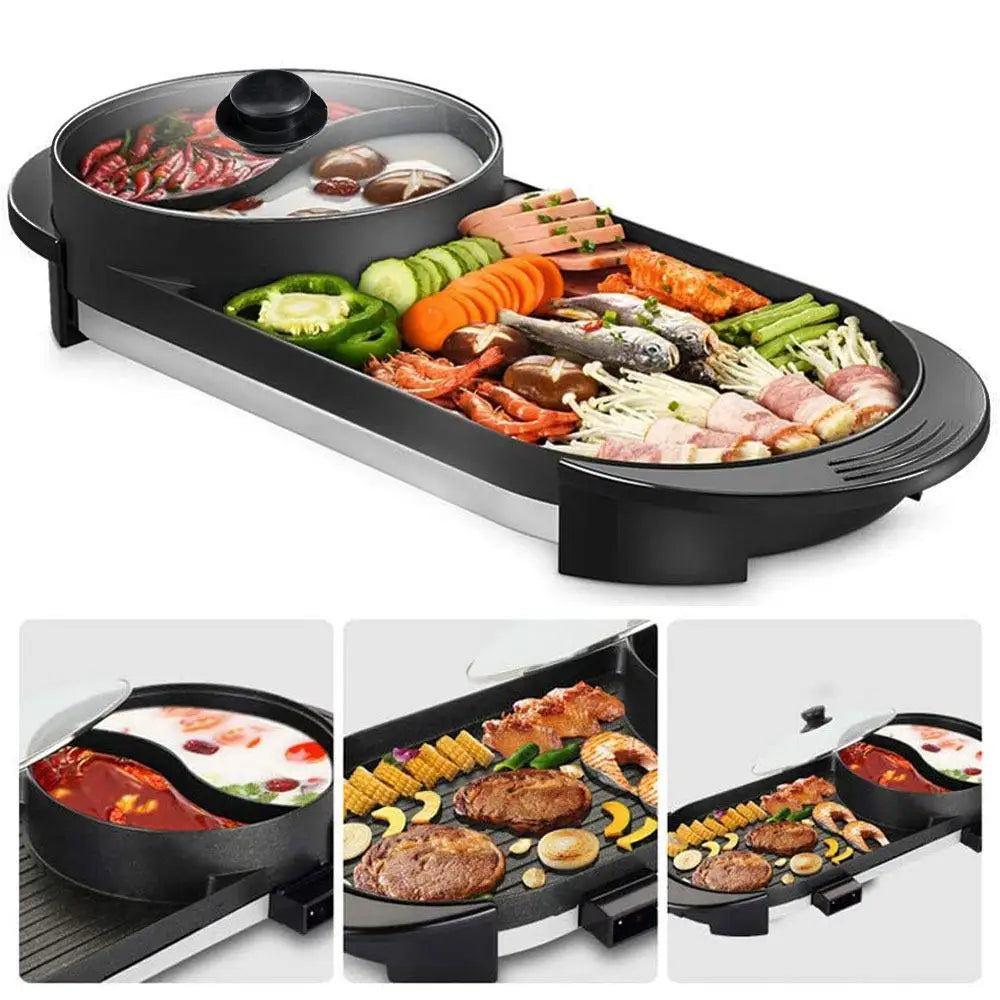 2-IN-1 Electric Hot Pot BBQ Oven Smokeless Non Stick Barbecue Hotpot Grill Pan - Home & Garden > BBQ