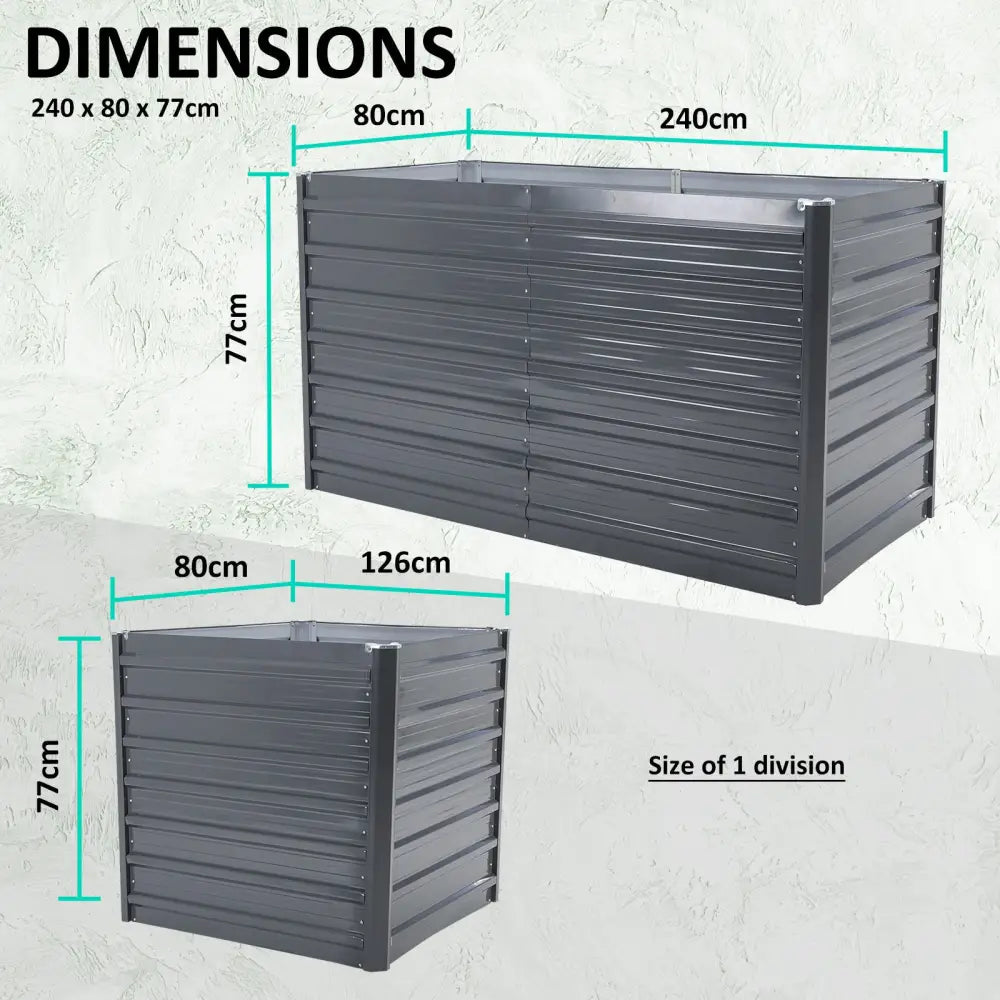 2-in-1 Raised Garden Bed Galvanised Steel Planter 240 x 80 x 77cm GREY - Home & Garden > Garden Beds