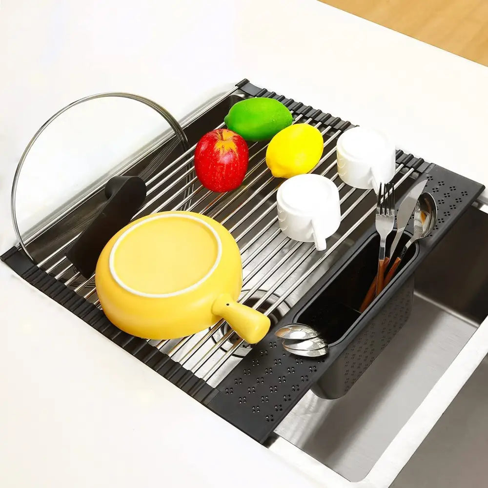 2 Pack Large Stainless Steel Roll Up Dish Drying Rack with Utensil Holder for Home Kitchen - Home & Garden > Home &