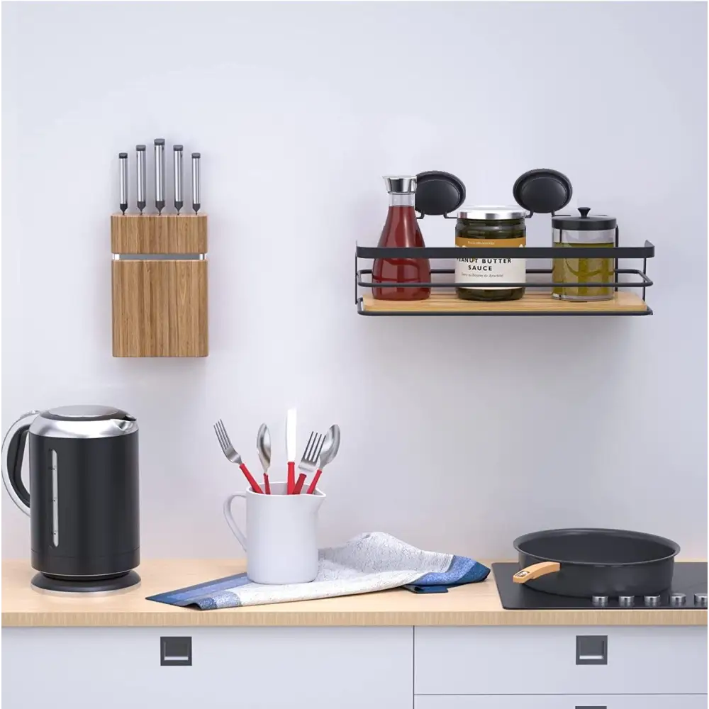 2 Pack Rectangular Bamboo Corner Shower Caddy Shelf Basket Rack with Premium Vacuum Suction Cup No-Drilling