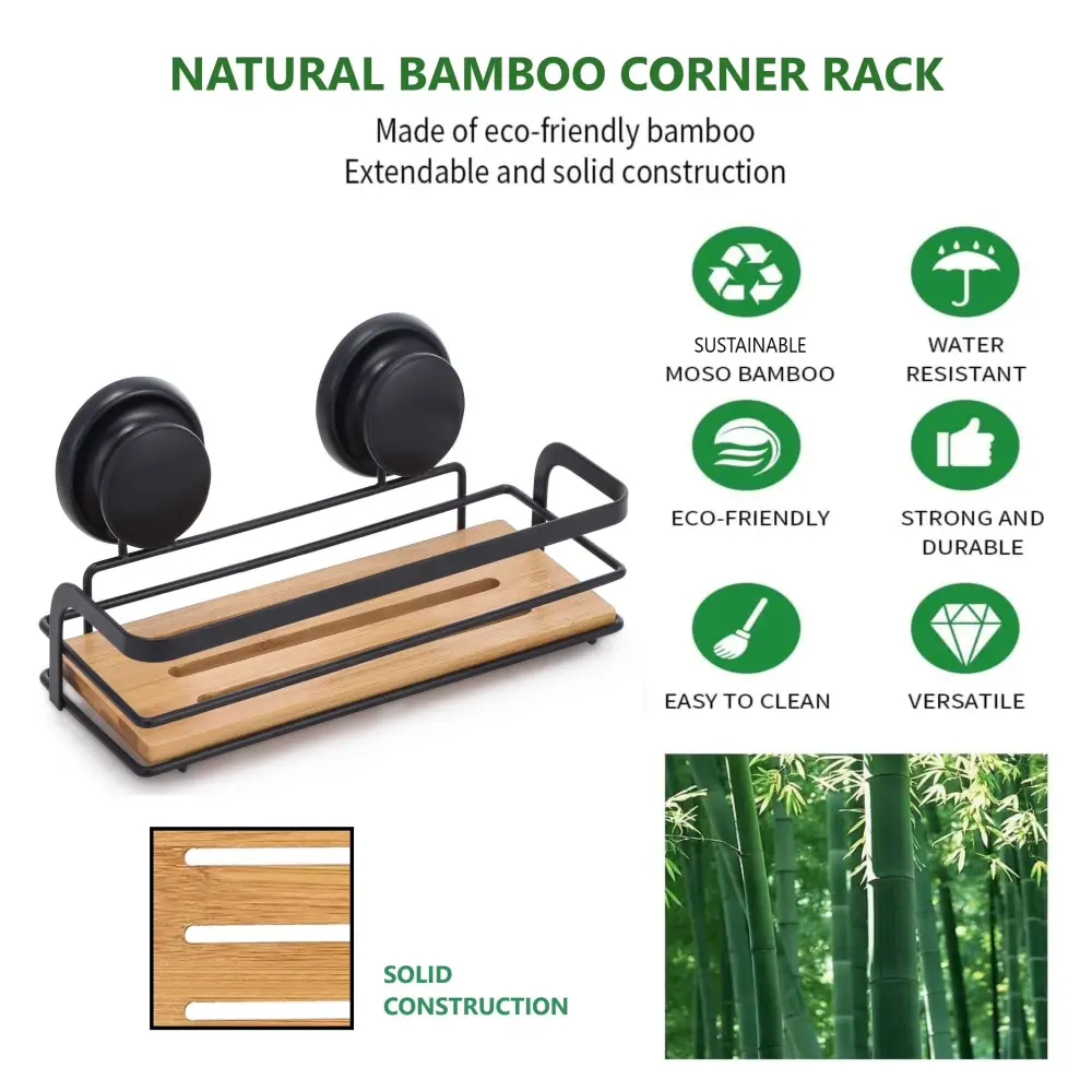 2 Pack Rectangular Bamboo Corner Shower Caddy Shelf Basket Rack with Premium Vacuum Suction Cup No-Drilling