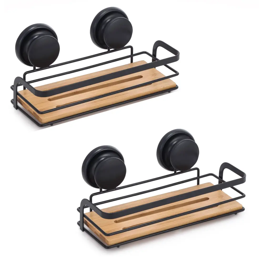 2 Pack Rectangular Bamboo Corner Shower Caddy Shelf Basket Rack with Premium Vacuum Suction Cup No-Drilling