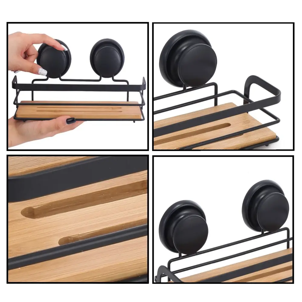 2 Pack Rectangular Bamboo Corner Shower Caddy Shelf Basket Rack with Premium Vacuum Suction Cup No-Drilling