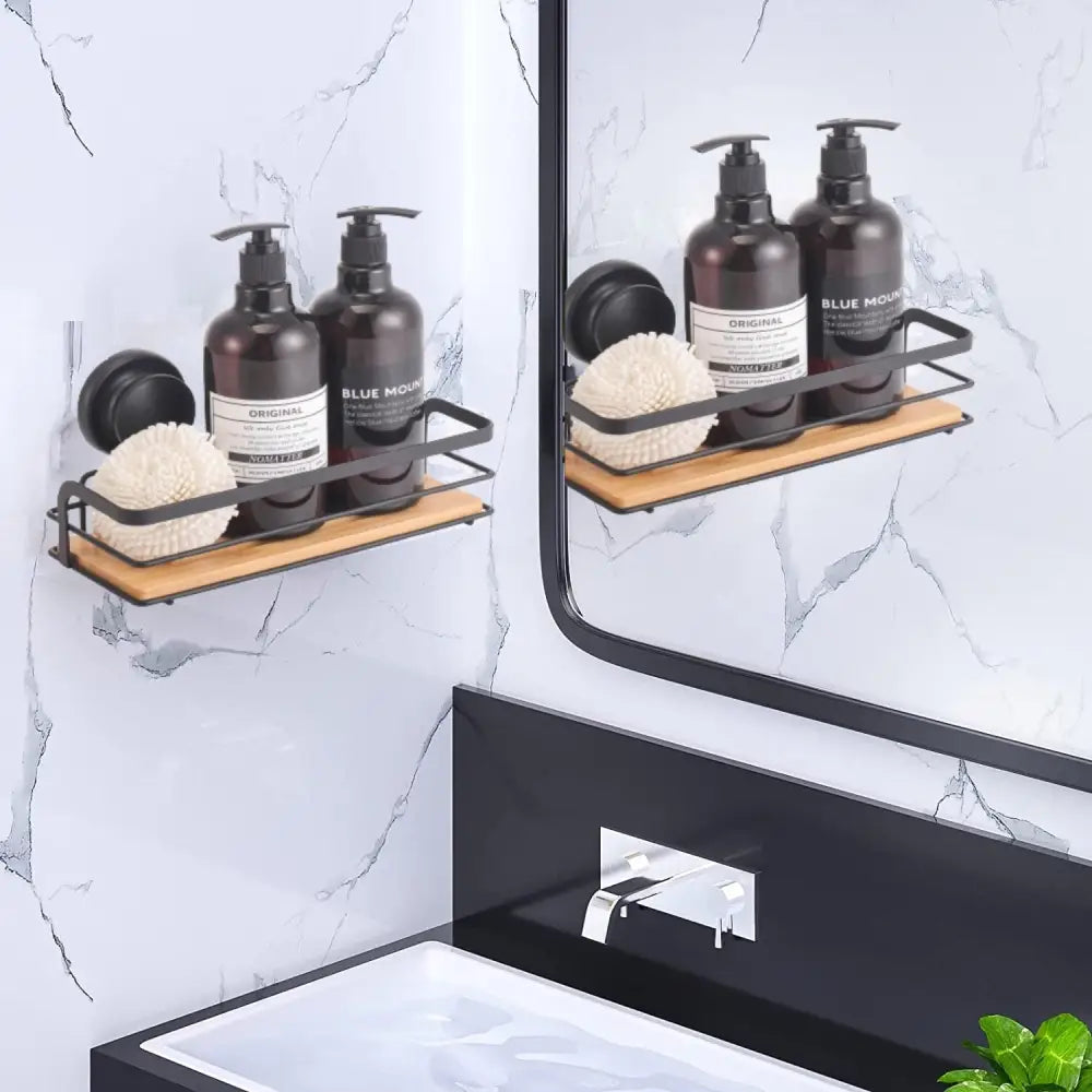 2 Pack Rectangular Bamboo Corner Shower Caddy Shelf Basket Rack with Premium Vacuum Suction Cup No-Drilling