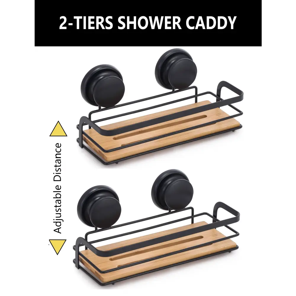 2 Pack Rectangular Bamboo Corner Shower Caddy Shelf Basket Rack with Premium Vacuum Suction Cup No-Drilling