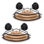 2 Pack Round Bamboo Corner Shower Caddy Shelf Basket Rack with Premium Vacuum Suction Cup No-Drilling for Bathroom