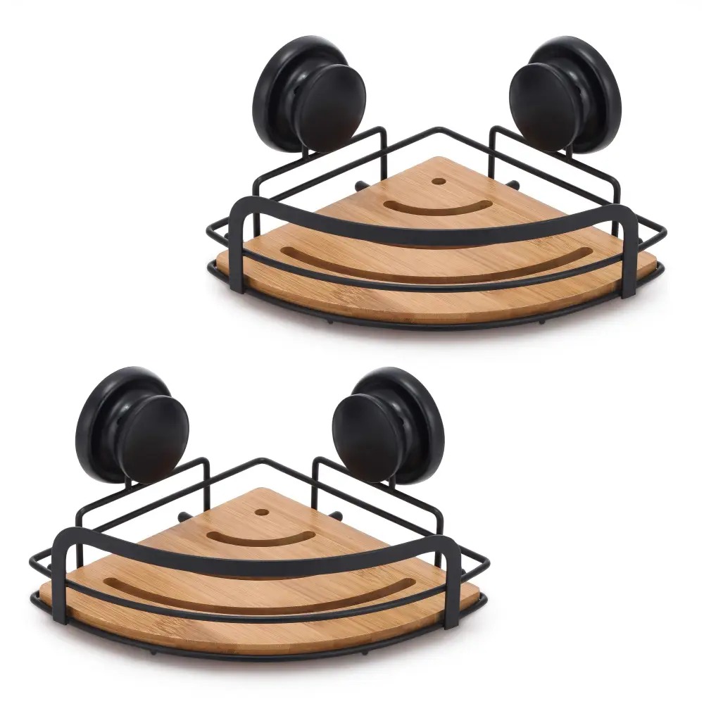2 Pack Round Bamboo Corner Shower Caddy Shelf Basket Rack with Premium Vacuum Suction Cup No-Drilling for Bathroom