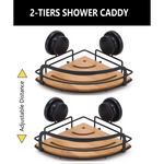 2 Pack Round Bamboo Corner Shower Caddy Shelf Basket Rack with Premium Vacuum Suction Cup No-Drilling for Bathroom
