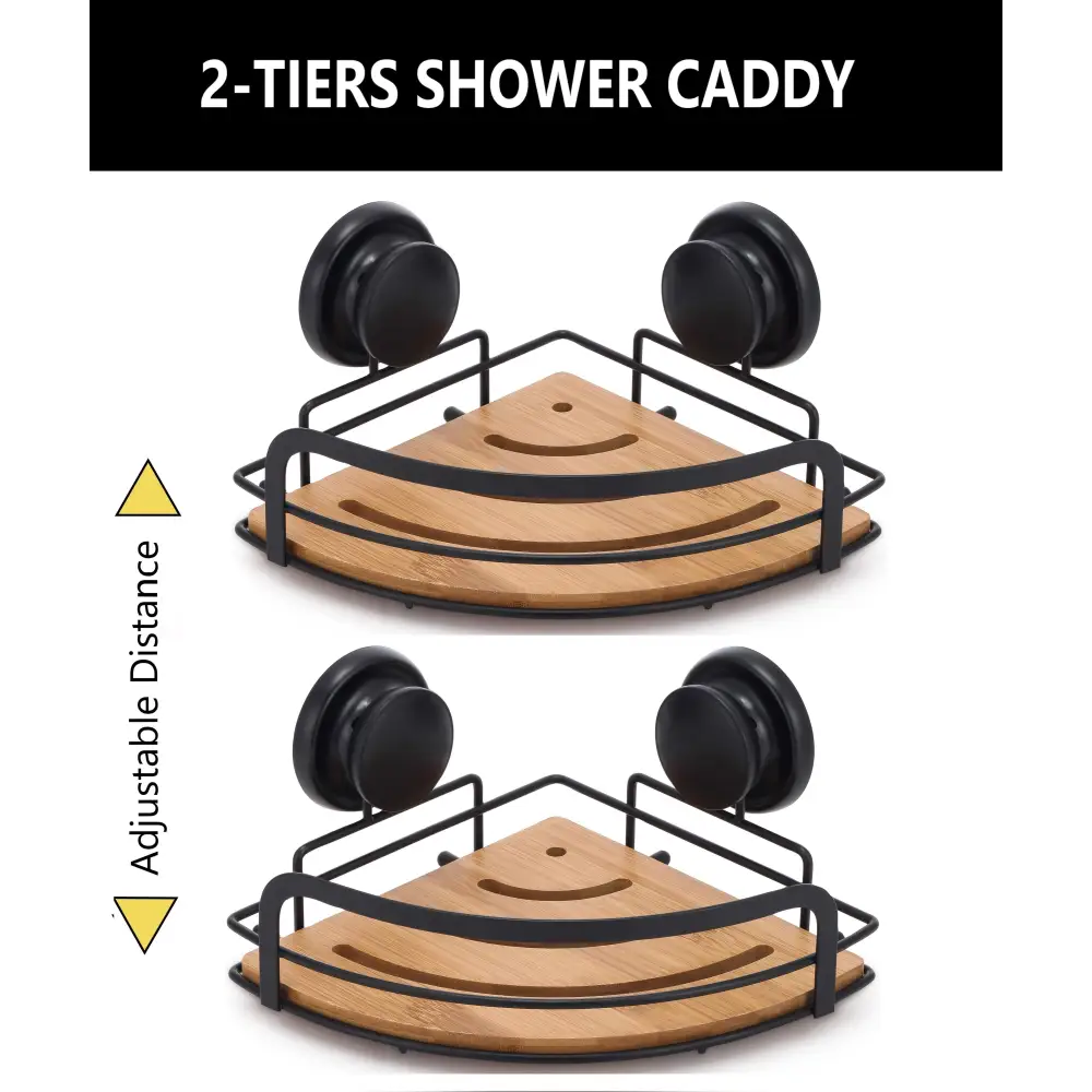 2 Pack Round Bamboo Corner Shower Caddy Shelf Basket Rack with Premium Vacuum Suction Cup No-Drilling for Bathroom