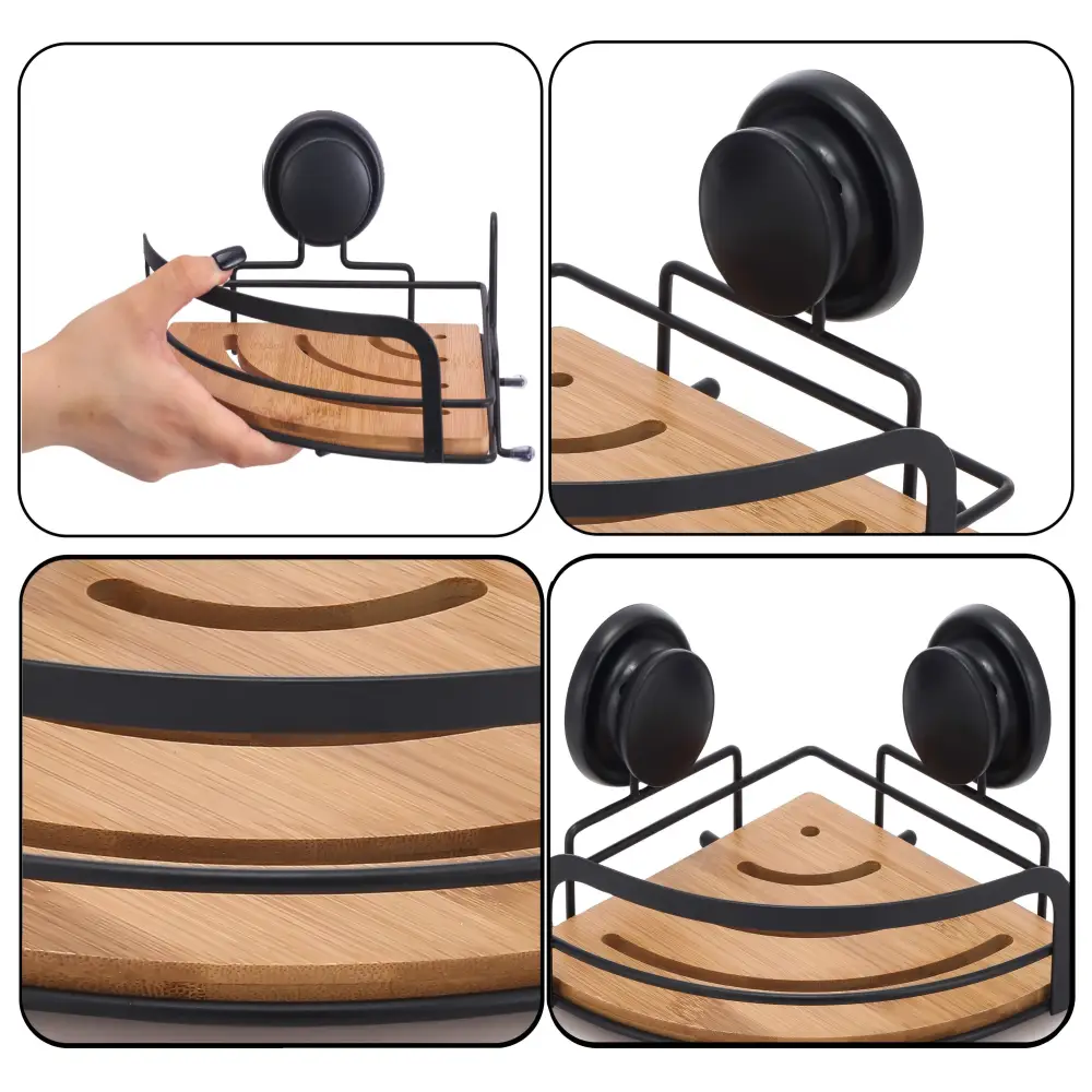 2 Pack Round Bamboo Corner Shower Caddy Shelf Basket Rack with Premium Vacuum Suction Cup No-Drilling for Bathroom