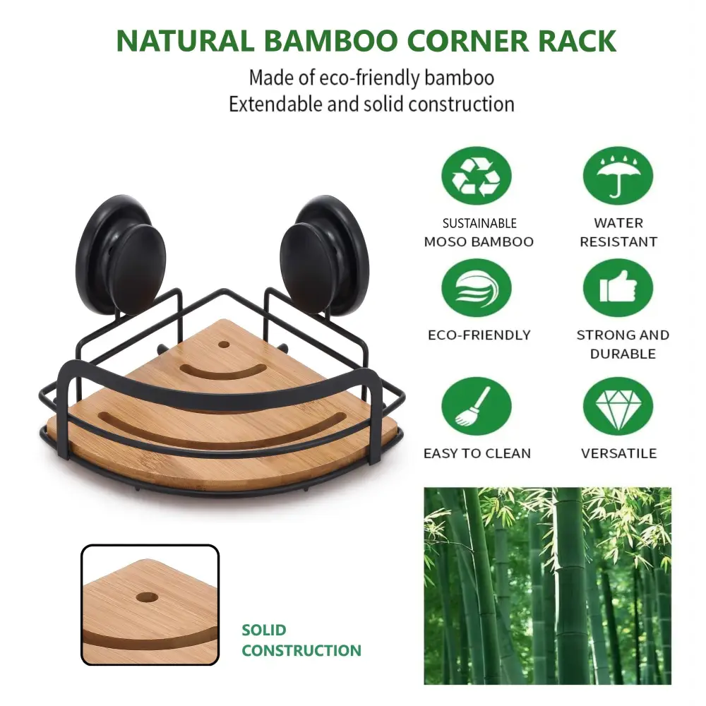 2 Pack Round Bamboo Corner Shower Caddy Shelf Basket Rack with Premium Vacuum Suction Cup No-Drilling for Bathroom