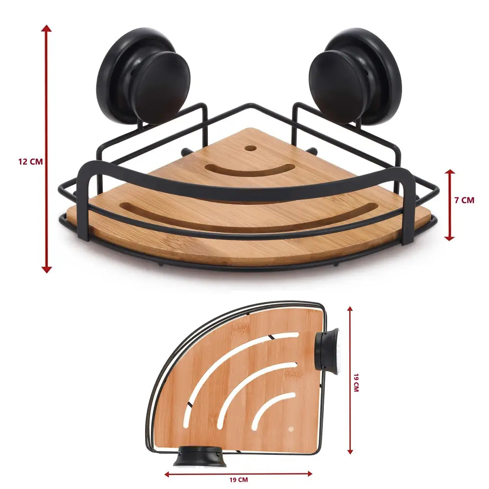 2 Pack Round Bamboo Corner Shower Caddy Shelf Basket Rack with Premium Vacuum Suction Cup No-Drilling for Bathroom