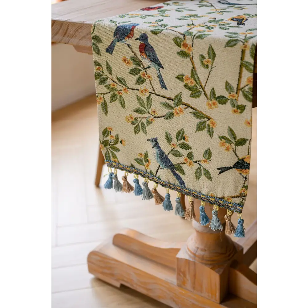 2 PCS Birds & Branch Table Runner - Jacquard Woven Beige with Tassels (33X120CM) - Home & Garden > Decor > Vases &