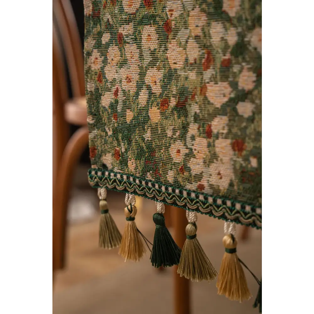 2 pcs Floral Table Runner with Tassels - Jacquard Green Farmhouse Style (33x120cm) - Home & Garden > Decor > Vases &