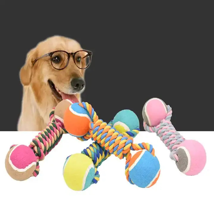 2 PCS Orange Durable Cotton Rope and Tennis Ball Dog Toy Set - Chew Resistant Tug Toys with Rope Dumbbell - Perfect