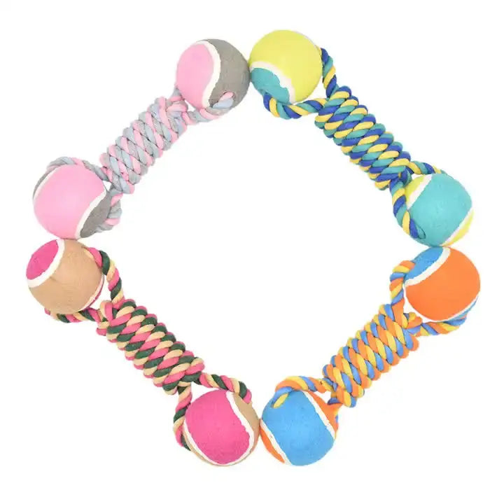 2 PCS Pink Durable Cotton Rope and Tennis Ball Dog Toy Set – Chew Resistant Tug Toys with Rope Dumbbell – Perfect