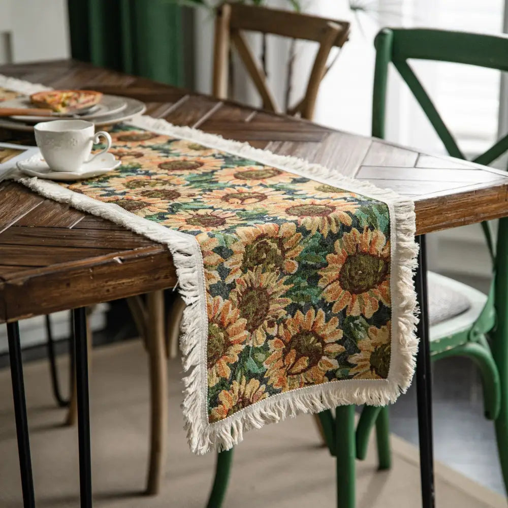 2 PCS Sunflower Table Runner with Fringe - Jacquard Woven Cotton Blend (30x140cm) - Home & Garden > Decor > Vases &