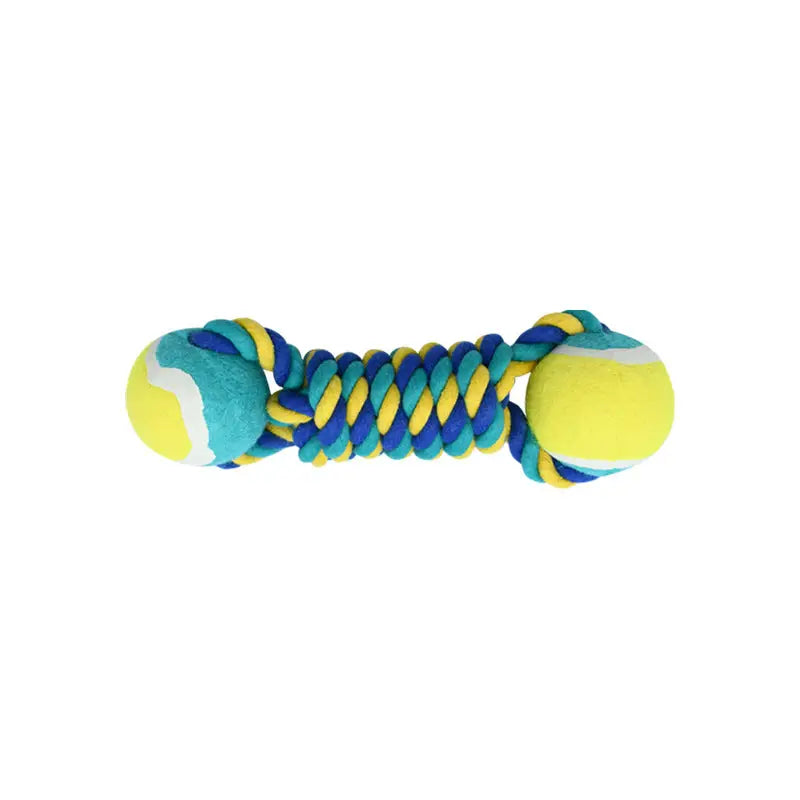 2 PCS Yellow Durable Cotton Rope and Tennis Ball Dog Toy Set - Chew Resistant Tug Toys with Rope Dumbbell - Perfect
