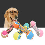2 PCS Yellow Durable Cotton Rope and Tennis Ball Dog Toy Set - Chew Resistant Tug Toys with Rope Dumbbell - Perfect