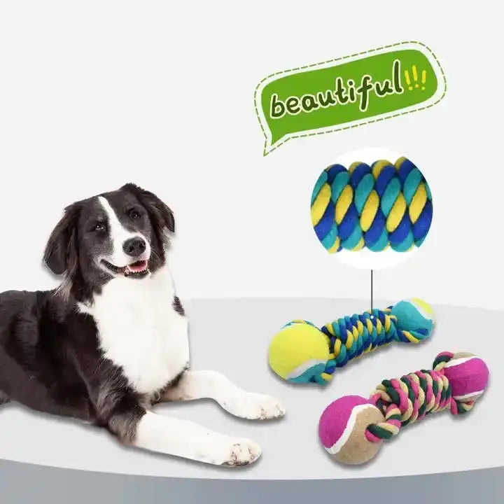 2 PCS Yellow Durable Cotton Rope and Tennis Ball Dog Toy Set - Chew Resistant Tug Toys with Rope Dumbbell - Perfect