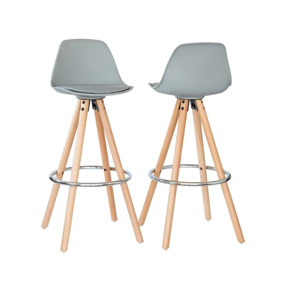 2 PU Leather Padded Barstools (Light Grey/Wood) with Metal Footrest - Furniture > Bar Stools & Chairs > Table & Bar