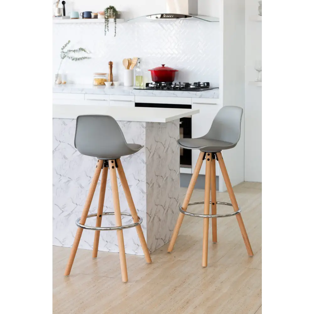 2 PU Leather Padded Barstools (Light Grey/Wood) with Metal Footrest - Furniture > Bar Stools & Chairs > Table & Bar