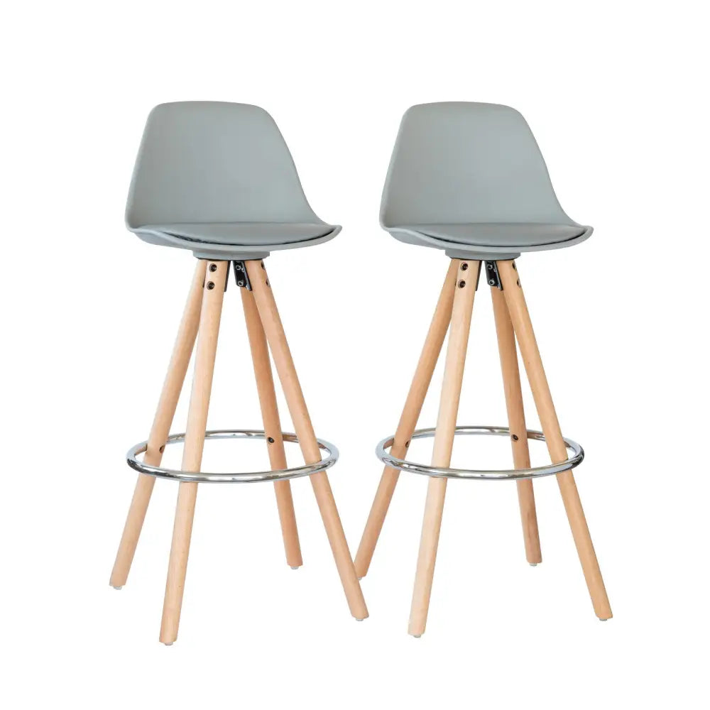 2 PU Leather Padded Barstools (Light Grey/Wood) with Metal Footrest - Furniture > Bar Stools & Chairs > Table & Bar