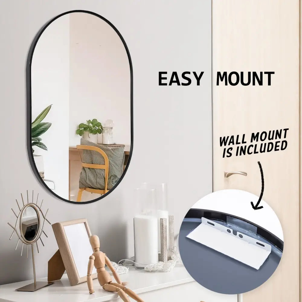 2 Set Wall Mirror Oval Aluminum Frame Bathroom 50x75cm BLACK - Home & Garden > Decor > Mirrors