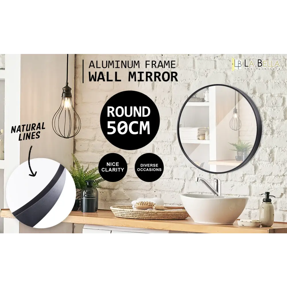 2 Set Wall Mirror Round Aluminum Frame Bathroom 50cm BLACK - Home & Garden > Decor > Mirrors
