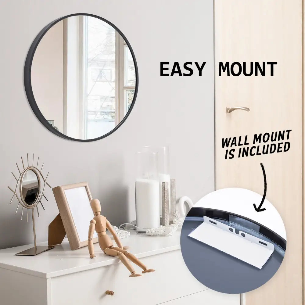 2 Set Wall Mirror Round Aluminum Frame Bathroom 50cm BLACK - Home & Garden > Decor > Mirrors