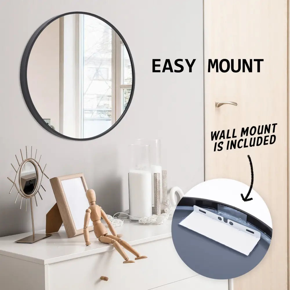 2 Set Wall Mirror Round Aluminum Frame Bathroom 60cm BLACK - Home & Garden > Decor > Mirrors