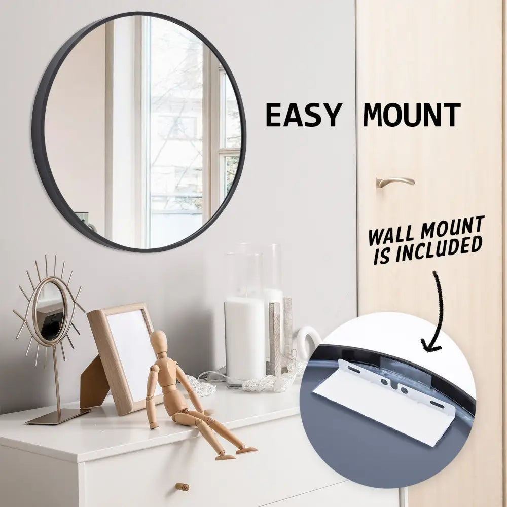2 Set Wall Mirror Round Aluminum Frame Bathroom 70cm BLACK - Home & Garden > Decor > Mirrors
