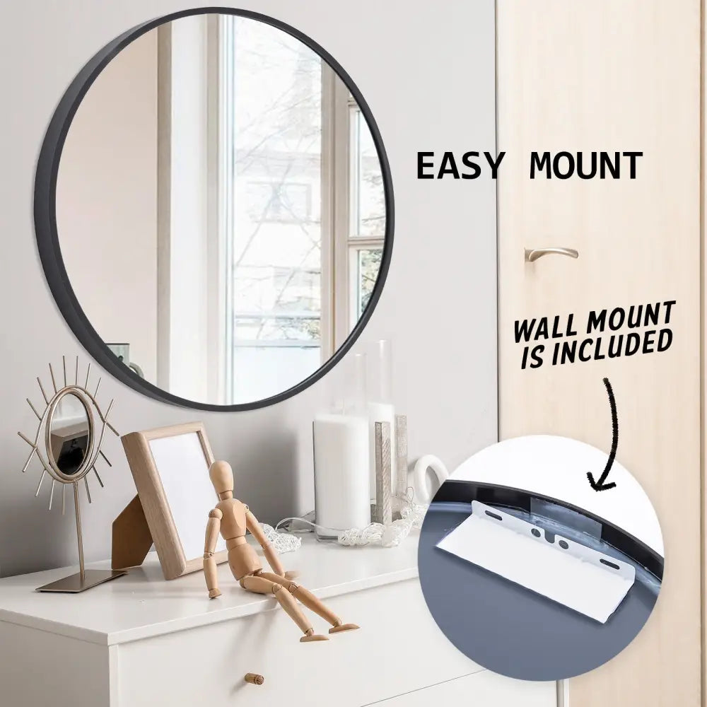 2 Set Wall Mirror Round Aluminum Frame Bathroom 80cm BLACK - Home & Garden > Decor > Mirrors