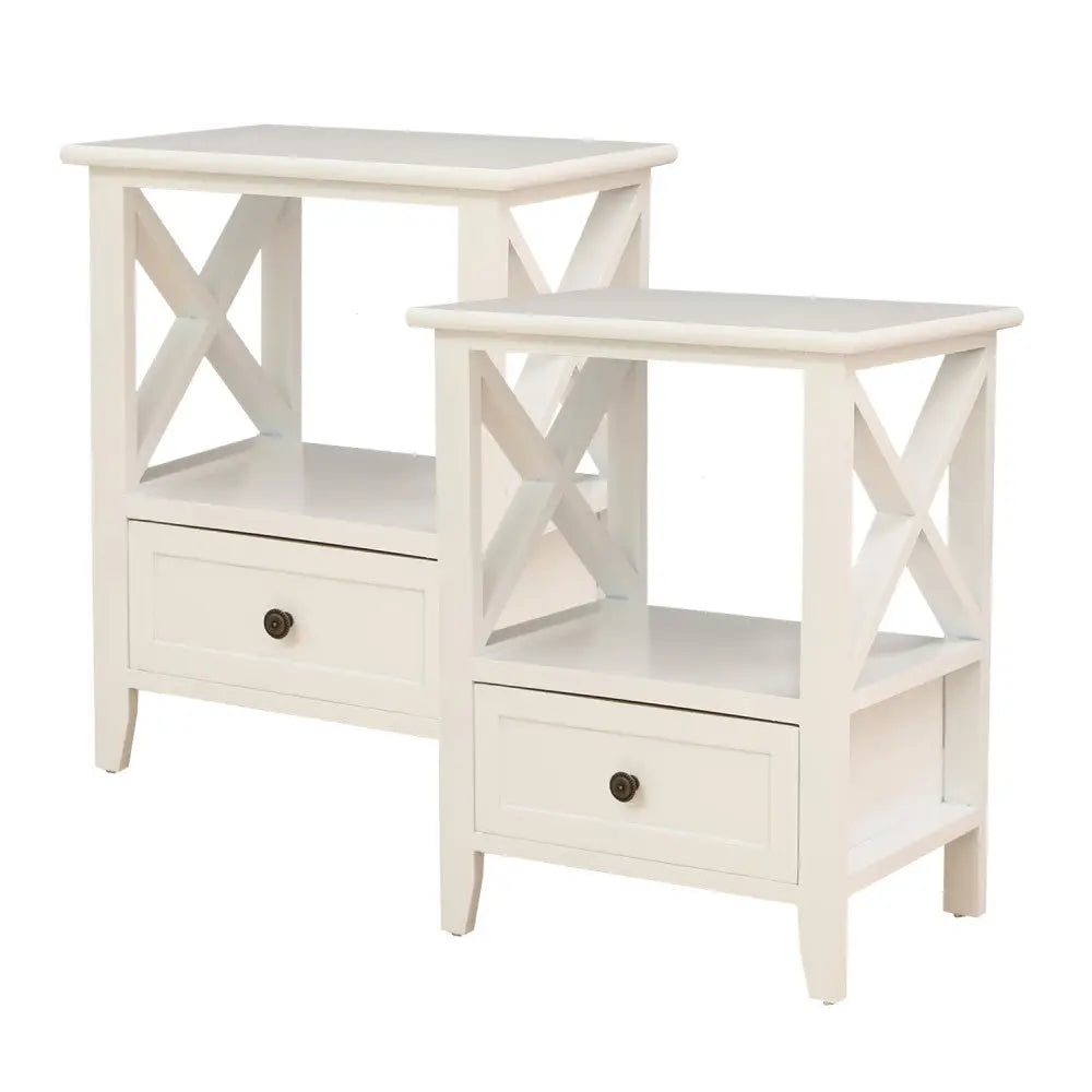 2-tier Bedside Table with Storage Drawer 2 PC Rustic White - Furniture > Bedroom