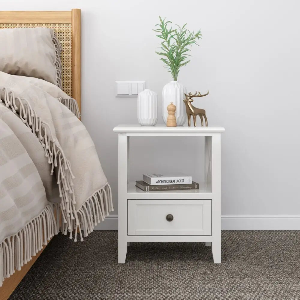 2-tier Bedside Table with Storage Drawer 2 PC Rustic White - Furniture > Bedroom
