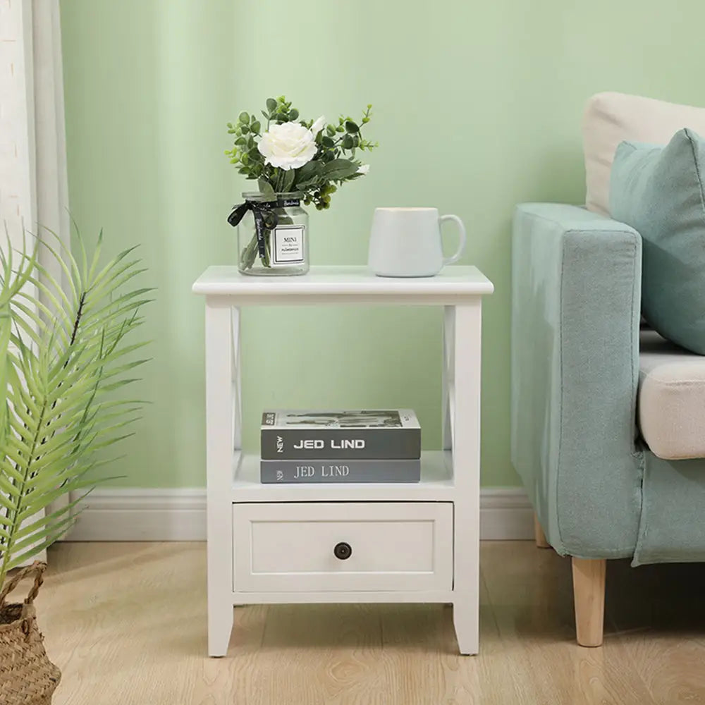 2-tier Bedside Table with Storage Drawer 2 PC Rustic White - Furniture > Bedroom