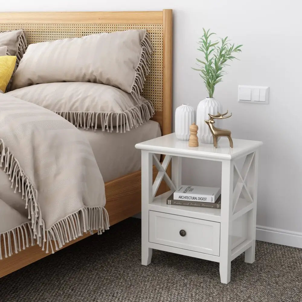 2-tier Bedside Table with Storage Drawer 2 PC Rustic White - Furniture > Bedroom