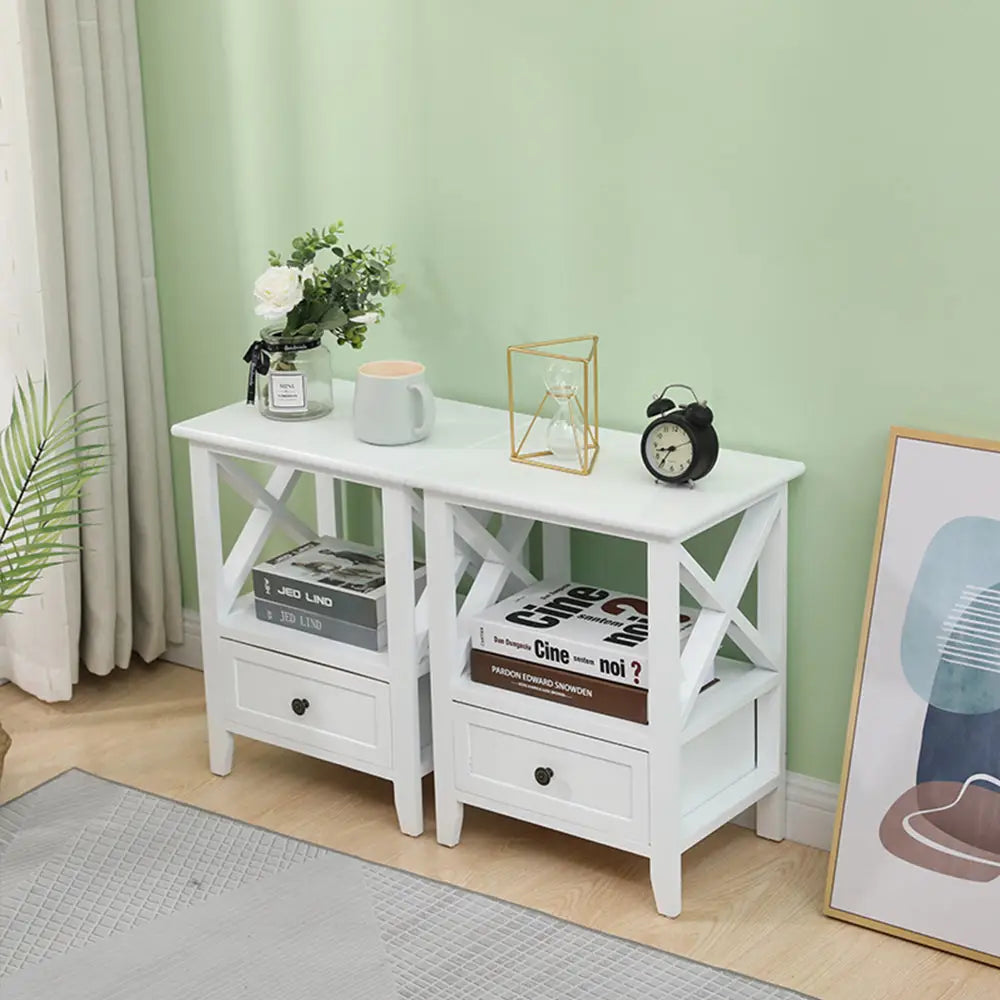 2-tier Bedside Table with Storage Drawer 2 PC Rustic White - Furniture > Bedroom