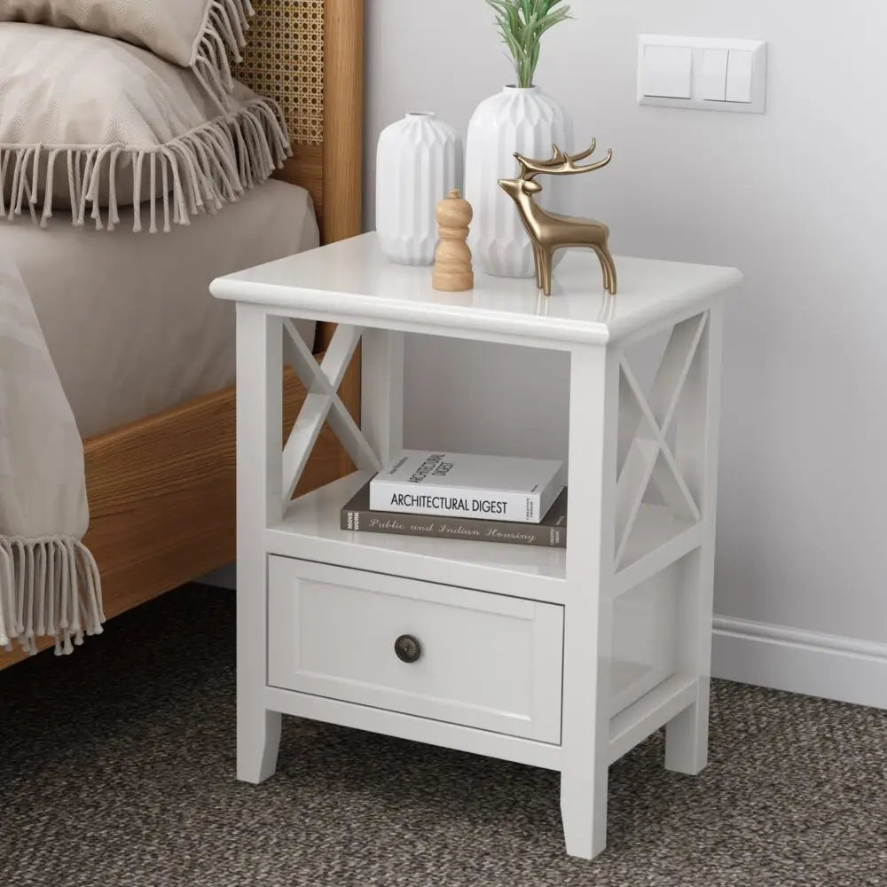 2-tier Bedside Table with Storage Drawer 2 PC Rustic White - Furniture > Bedroom