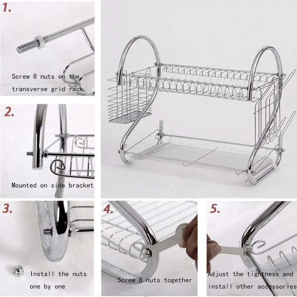 2 Tier Dish Rack with Drain Board for Kitchen Counter and Plated Chrome Dish Dryer Silver 42 x 25,5 x 38 cm - Home &