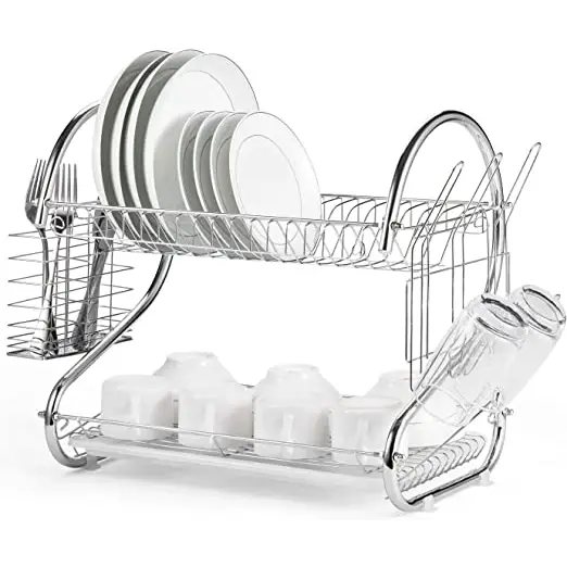 2 Tier Dish Rack with Drain Board for Kitchen Counter and Plated Chrome Dish Dryer Silver 42 x 25,5 x 38 cm - Home &
