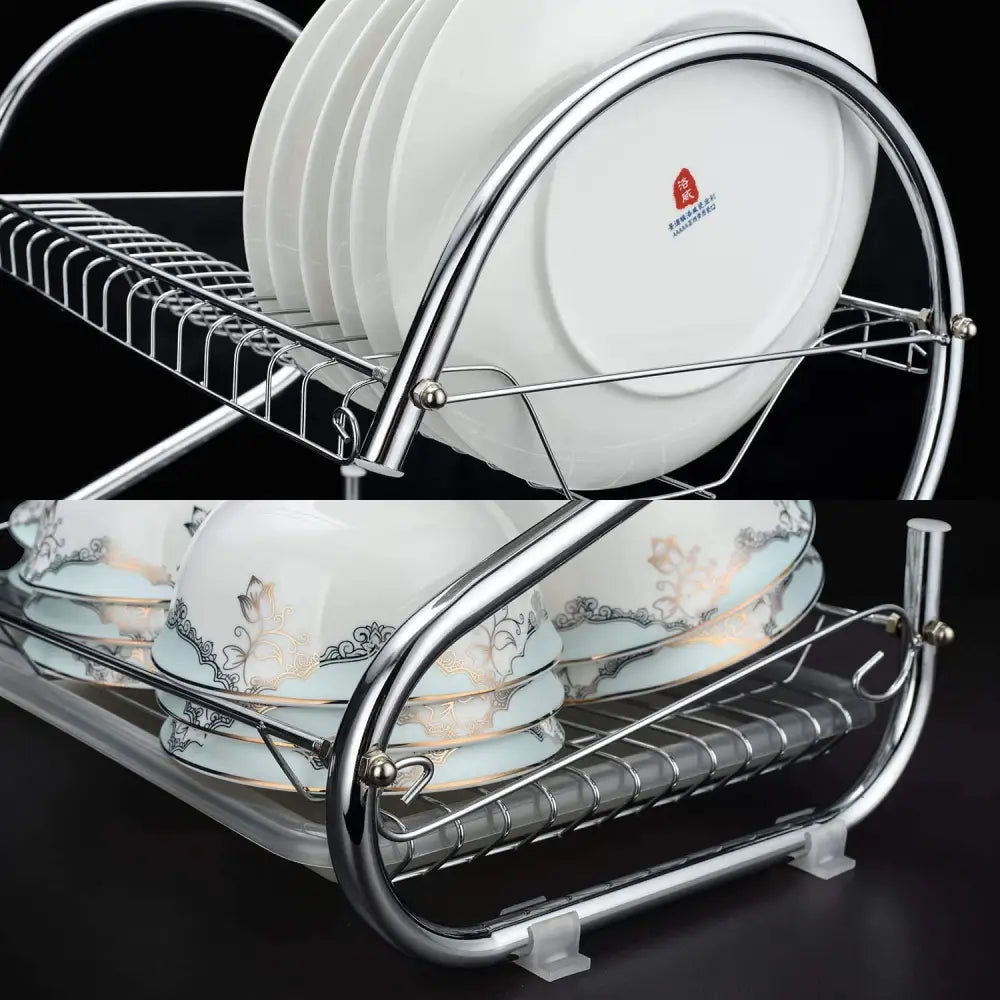 2 Tier Dish Rack with Drain Board for Kitchen Counter and Plated Chrome Dish Dryer Silver 42 x 25,5 x 38 cm - Home &