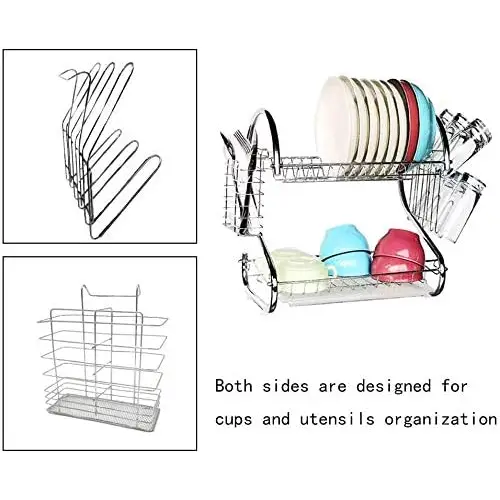 2 Tier Dish Rack with Drain Board for Kitchen Counter and Plated Chrome Dish Dryer Silver 42 x 25,5 x 38 cm - Home &