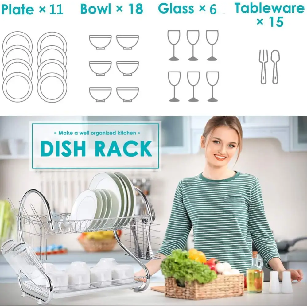 2 Tier Dish Rack with Drain Board for Kitchen Counter and Plated Chrome Dish Dryer Silver 42 x 25,5 x 38 cm - Home &